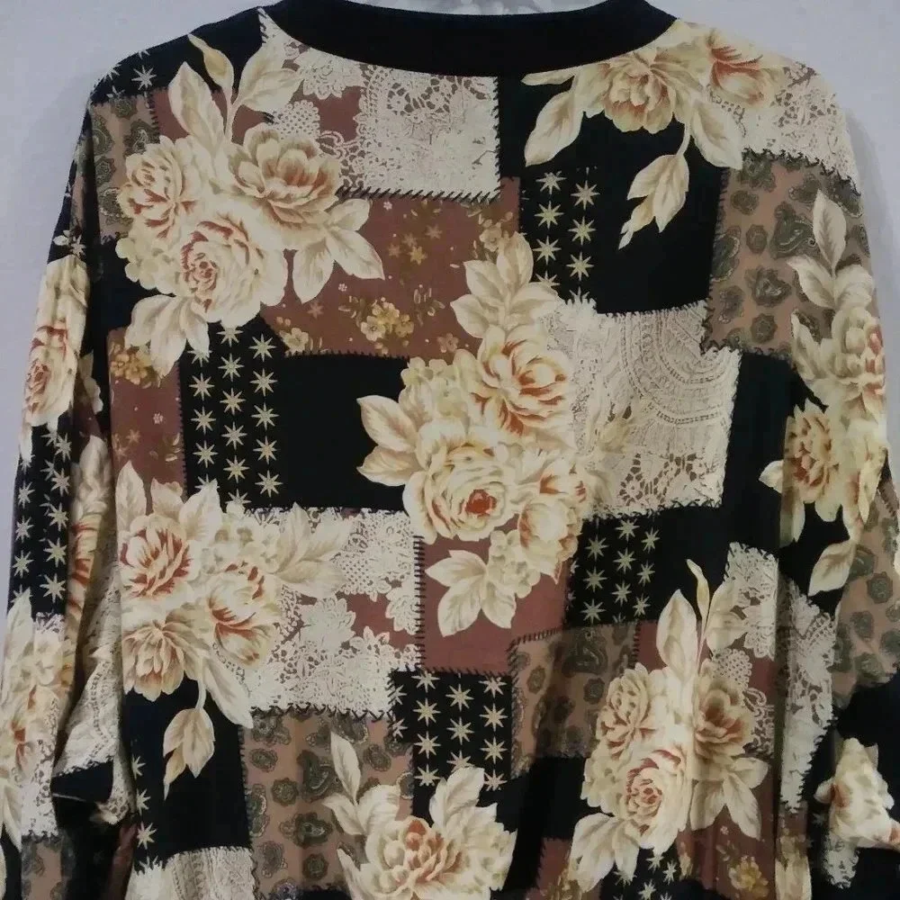 Southern Lady Vintage Patchwork Floral Leopard Bomber Jacket Brown Black XL